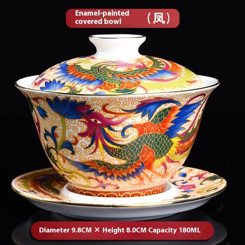 Luxury Enamel Porcelain Gaiwan Tea Cup with Lid & Saucer – Handcrafted Oriental Design - DonoHome