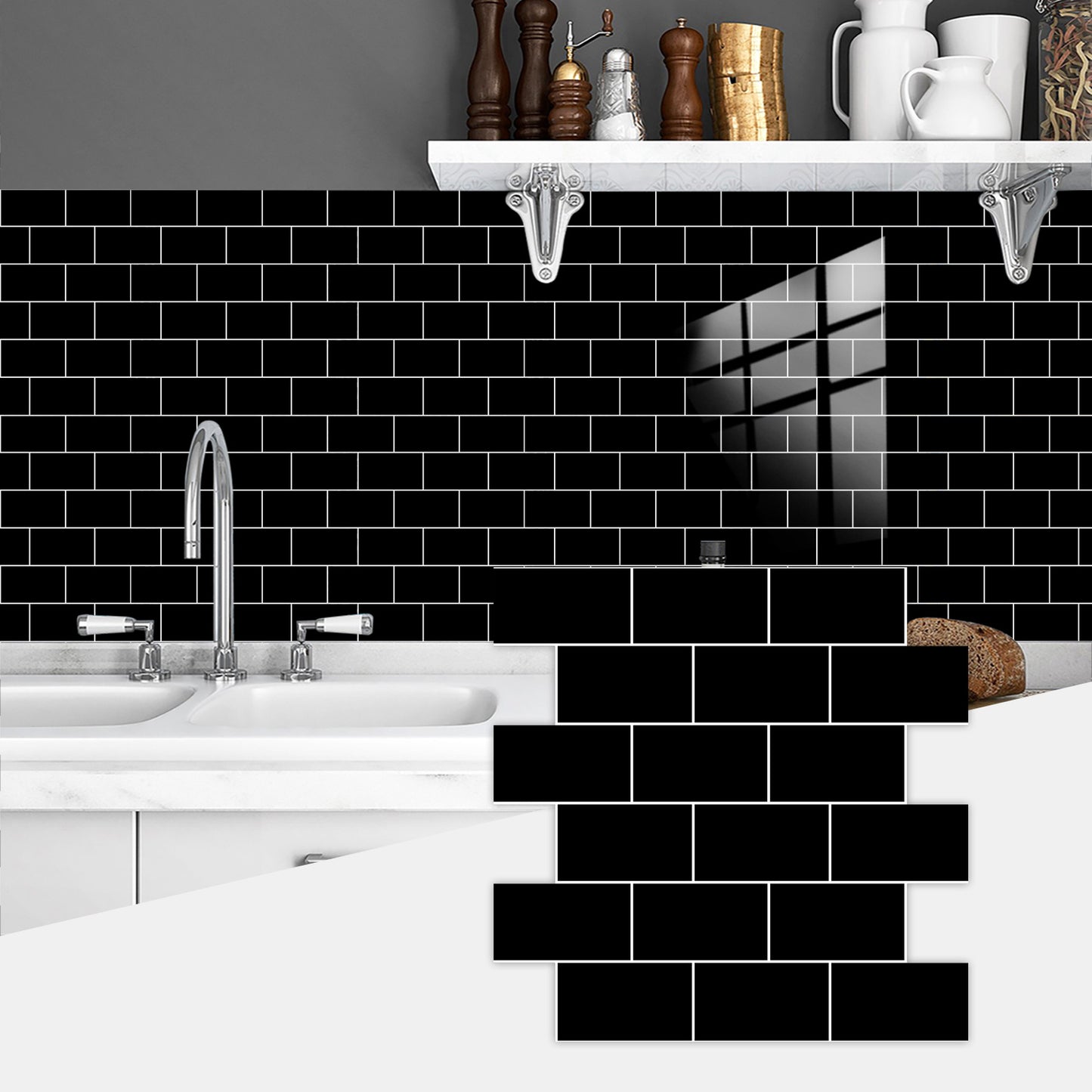 Black Glossy Peel & Stick Wall Tiles – Self-Adhesive Waterproof Backsplash for Kitchen & Bathroom