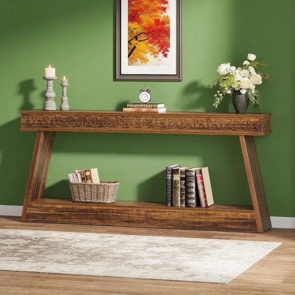 Rustic 71" Carved Wood Console Table - Entryway Storage Shelf, Ornate Design - DonoHome