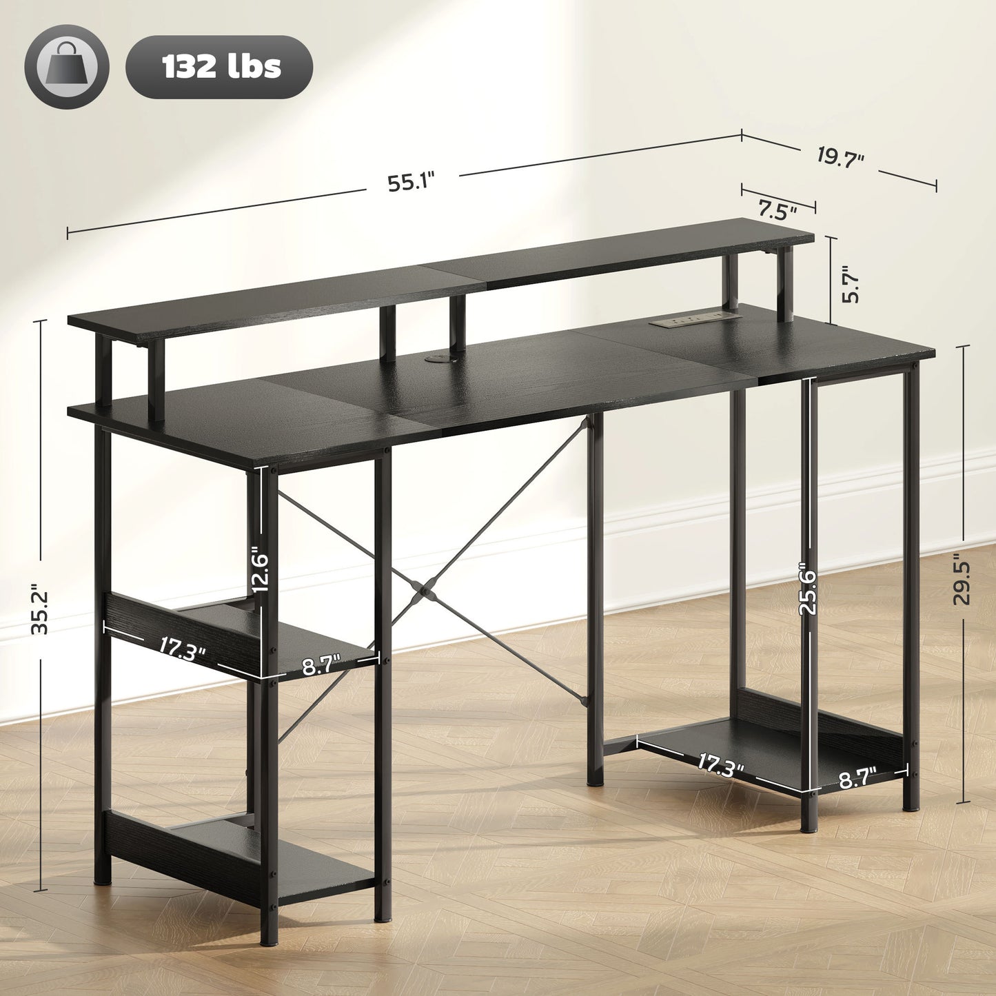 55 Inch Computer Desk With Storage Shelves, Reversible Gaming Table With Power Outlets And LED Lights, Distressed Black Home Office Workstation