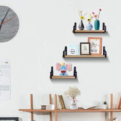 3-Piece Rustic Brown Floating Wall Shelves – Wooden Farmhouse Storage & Decor