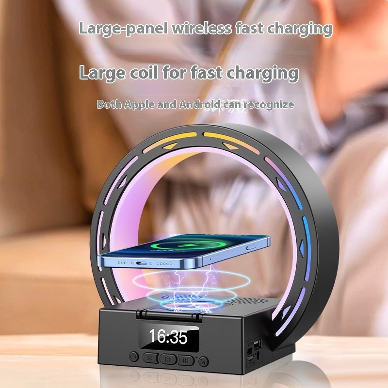 4-in-1 Wireless Charger & Bluetooth Speaker, LED Bedside Lamp with Alarm Clock