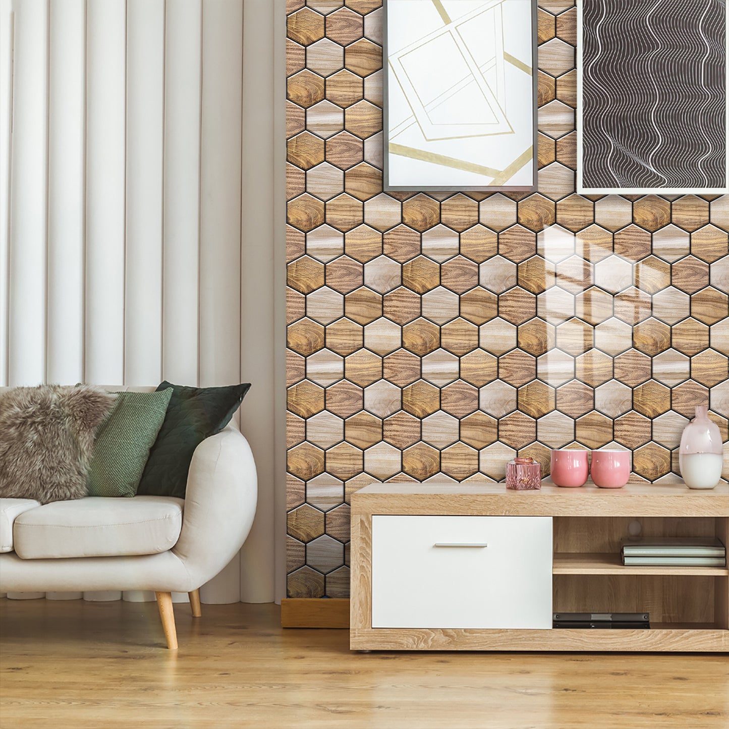 Hexagonal Wood Grain Peel & Stick Wall Tiles – Waterproof Self-Adhesive Backsplash for Kitchen & Bathroom