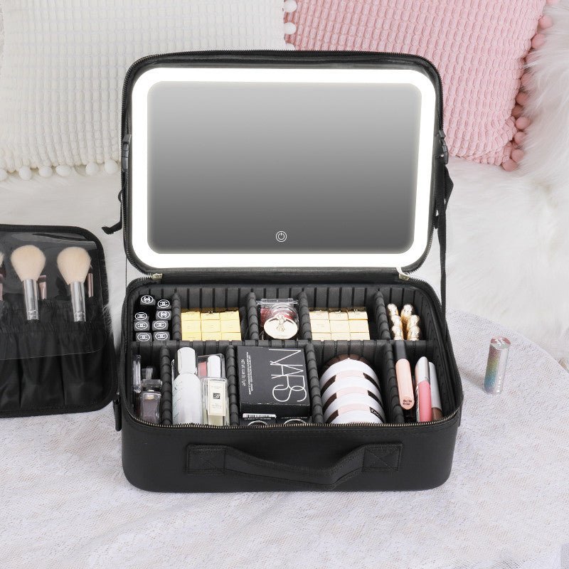 Portable LED Makeup Organizer Box with Adjustable Lighted Mirror