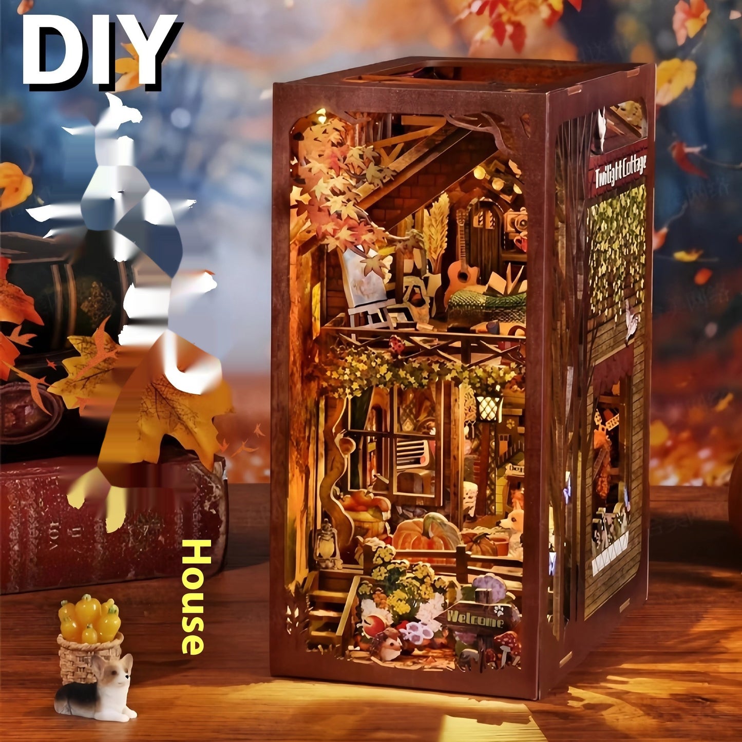 DIY Book Nook Kit, Hand-Assembled Wooden Miniature Cottage with Light