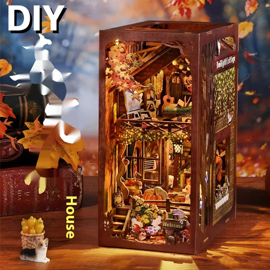 DIY Book Nook Kit, Hand-Assembled Wooden Miniature Cottage with Light