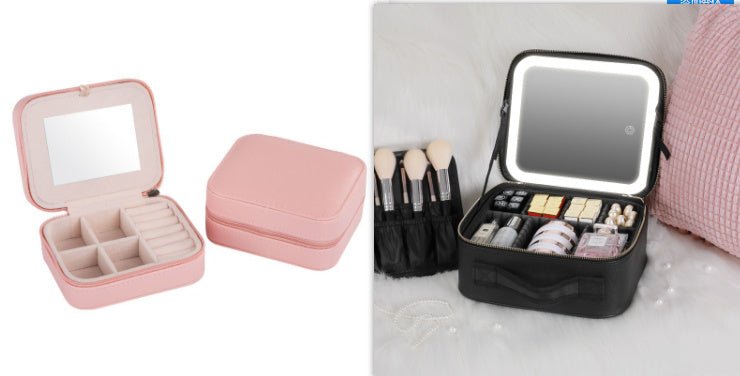 Portable LED Makeup Organizer Box with Adjustable Lighted Mirror