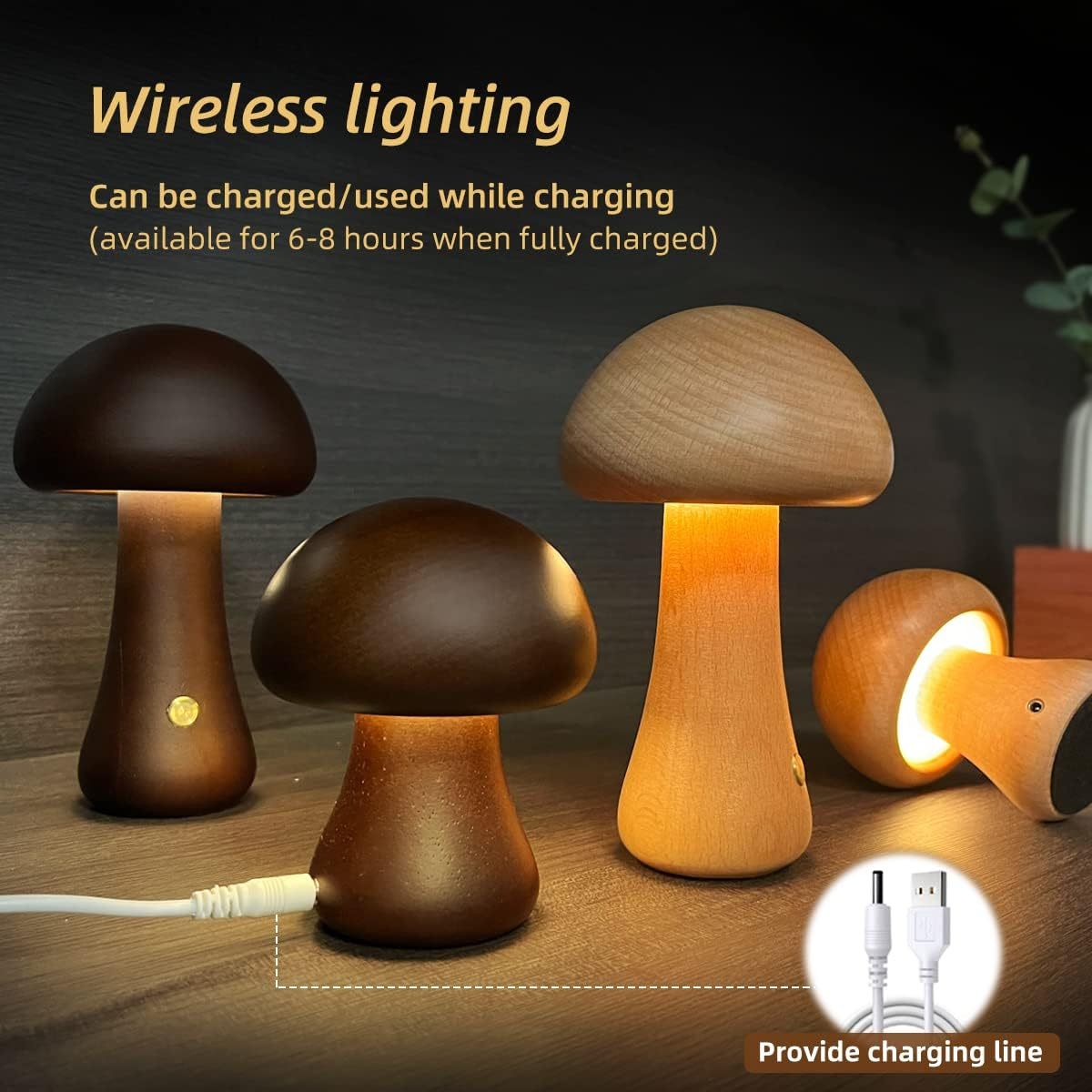 Wooden Mushroom LED Night Light, Touch-Activated Bedside Table Lamp