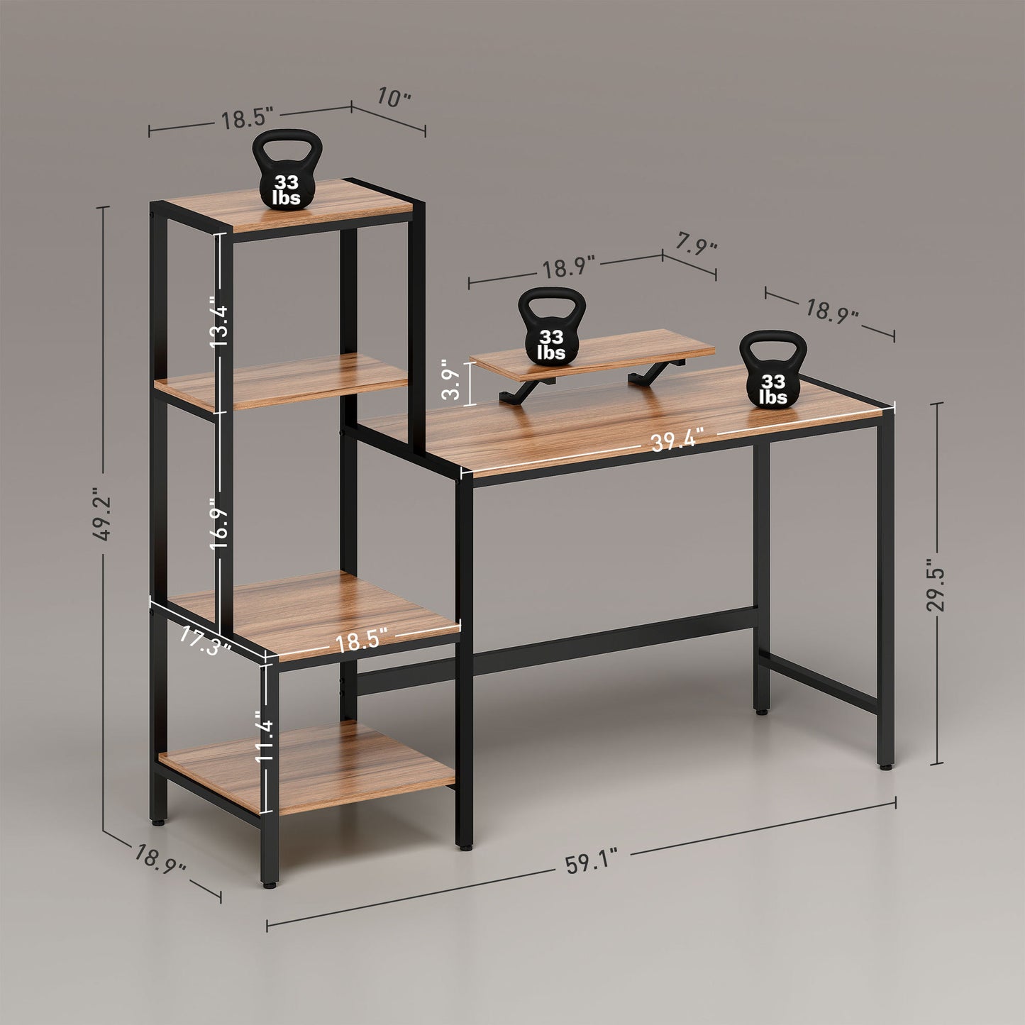 Computer Desk with Monitor Stand & Reversible 4-Tier Shelf (59″, Industrial Brown)