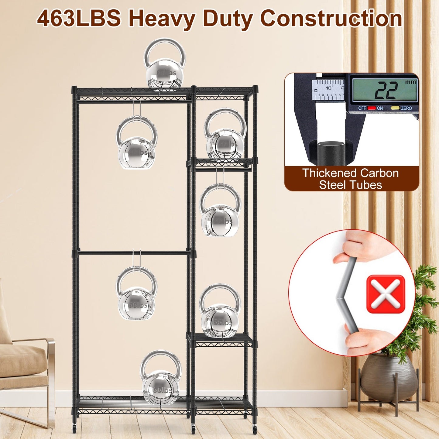 Heavy-Duty Garment Rack with Wheels, 4-Tier Shelves & 3 Hanging Rods (44.9″×17.13″×77.95″, Carbon Steel)