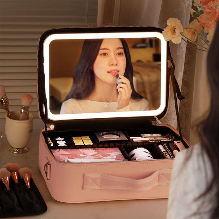 Portable LED Makeup Organizer Box with Adjustable Lighted Mirror