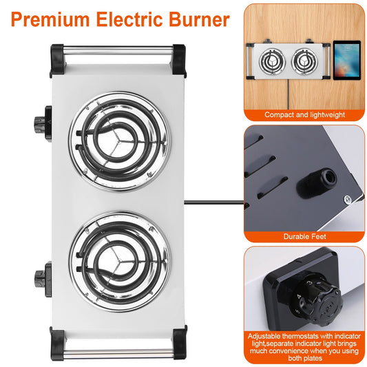 2000W Electric Dual Burner Portable Coil Heating Hot Plate Stove Countertop RV Hotplate With 5 Temperature Adjustments Portable Handles