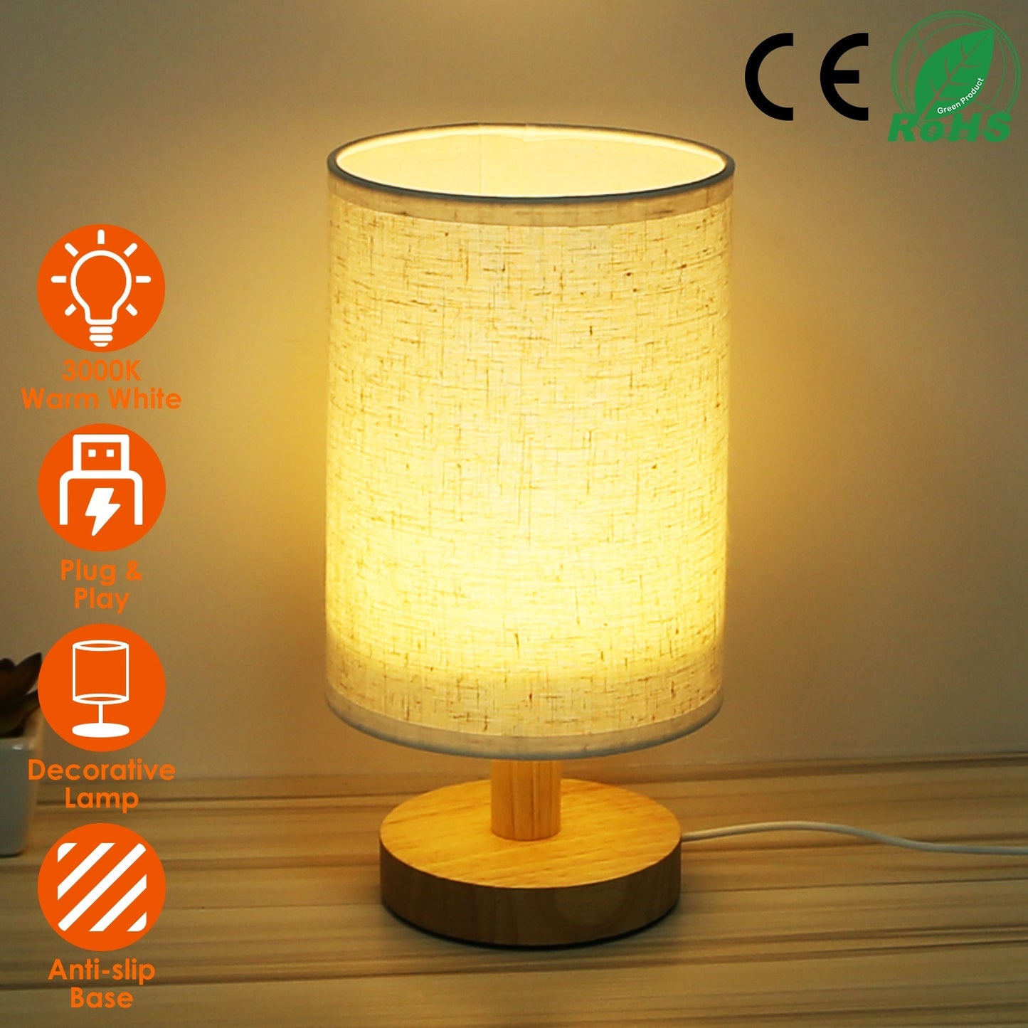 Warm White Bedside Lamp – Modern Bedroom Night Light with USB Plug