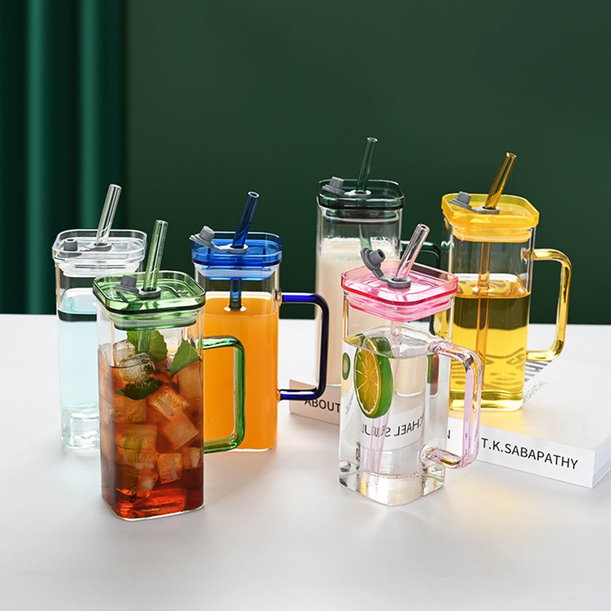 6 Pcs Square Glass Cup Set with Lids and Straws, High Borosilicate Glass