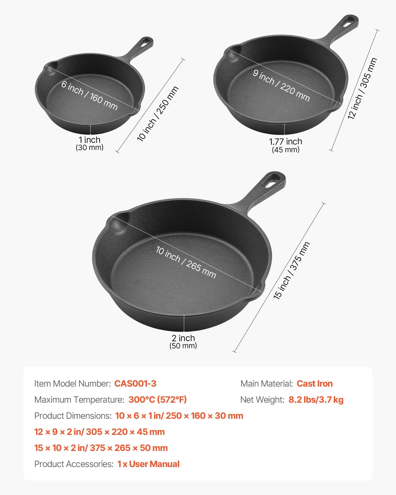 3-Piece Cast Iron Frying Pan Skillet Set, Pre-Seasoned, 6/8/10 inch – Black - DonoHome