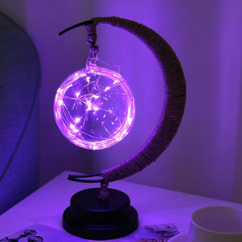 LED Crescent Moon Lamp with USB Power, Decorative Table Light with Glass Pendants