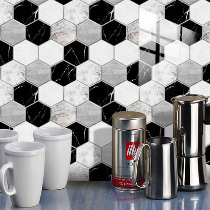 Black & White Marble Hexagonal Peel & Stick Wall Tiles – Waterproof Glossy PVC Backsplash for Kitchen & Bathroom