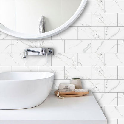 White Marble Look Peel & Stick Wall Tile Stickers – Waterproof PVC Composite for Kitchen & Bathroom