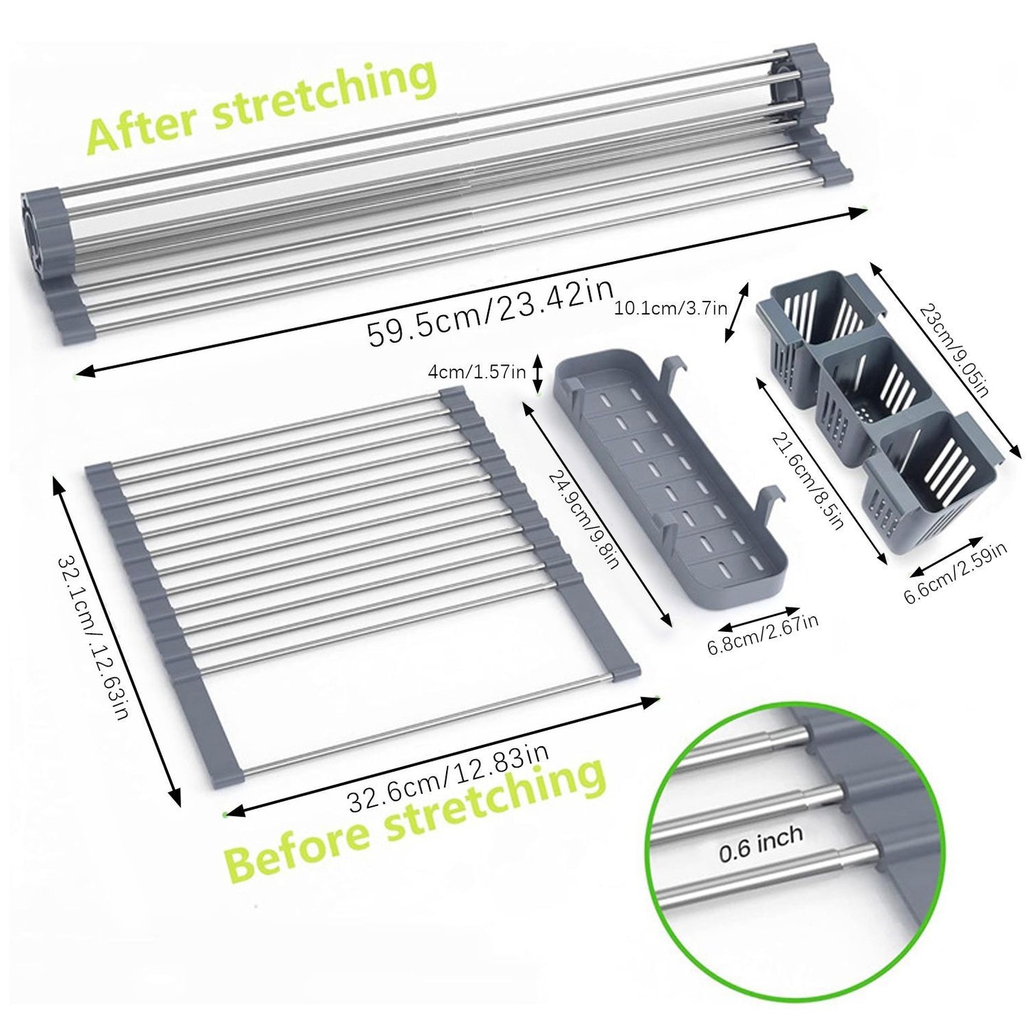 Expandable Roll Up Dish Drying Rack With 2 Removable Baskets Multipurpose Kitchen Drainer Caddy Organizer Storage Shelf Holder Stainless Steel Over The Sink Dish Drainer Space-Saving