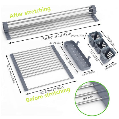 Expandable Roll Up Dish Drying Rack With 2 Removable Baskets Multipurpose Kitchen Drainer Caddy Organizer Storage Shelf Holder Stainless Steel Over The Sink Dish Drainer Space-Saving