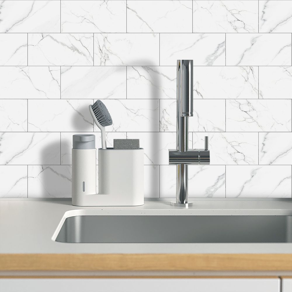 White Marble Look Peel & Stick Wall Tile Stickers – Waterproof PVC Composite for Kitchen & Bathroom