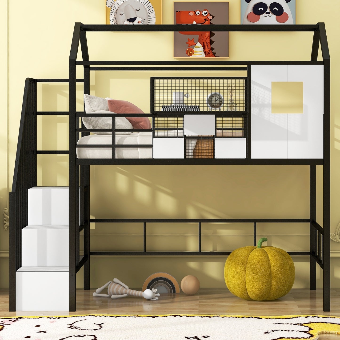 Twin Metal Loft Bed with Roof Design, Guardrails, and Storage Box