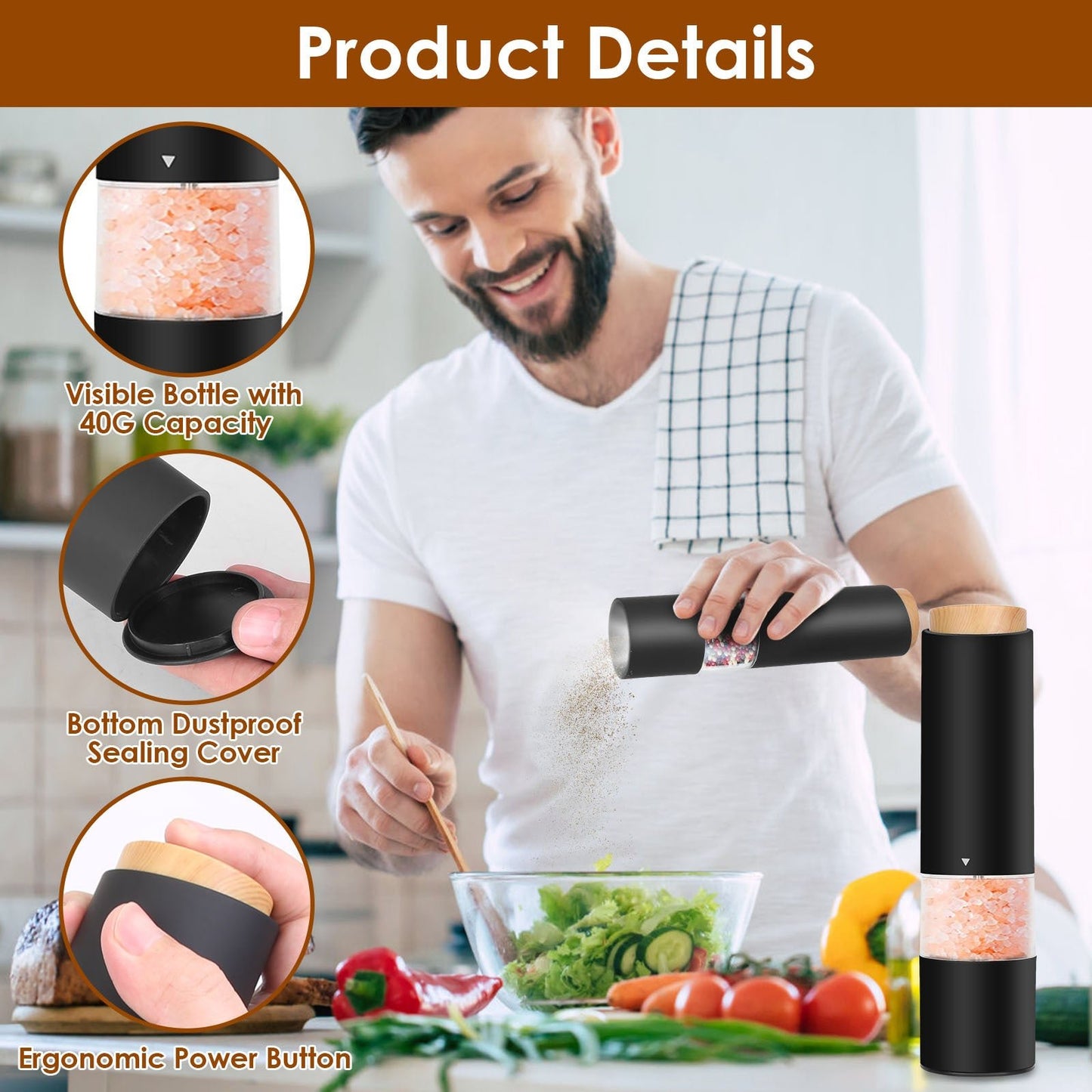 Electric Salt and Pepper Grinder Set with Adjustable Coarseness - One Hand Operation - DonoHome