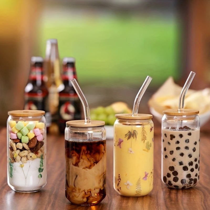 Glass Cup Set with Bamboo Lids & Straws – Clear Drinking Glasses for Coffee, Tea, Juice, Beer