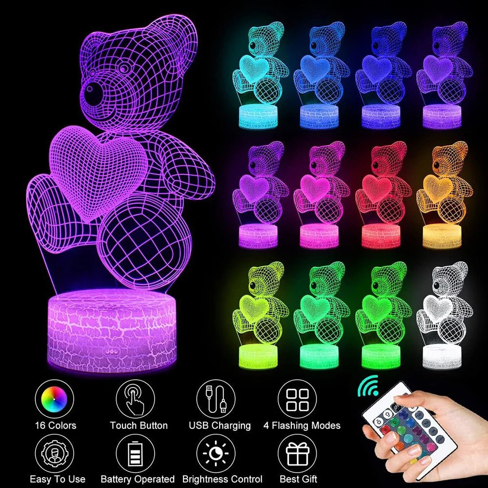 3D Teddy Bear LED Lamp, 16 Color Touch & Remote Control USB Night Light