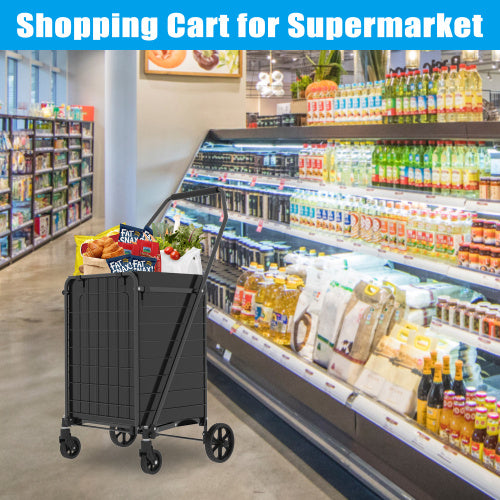 Foldable Shopping Cart with Wheels – Utility Grocery Trolley with Double Basket & 360° Swivel Wheels