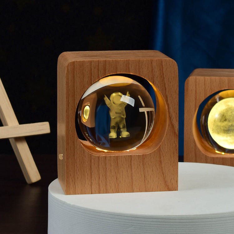 Wooden Base LED Night Light, 3D Laser-Engraved Galaxy Crystal Ball Lamp