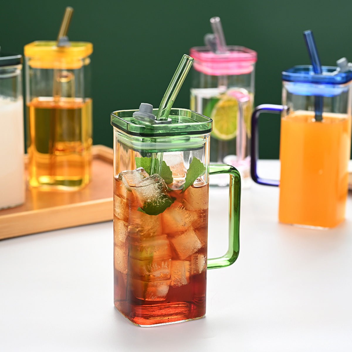 6 Pcs Square Glass Cup Set with Lids and Straws, High Borosilicate Glass