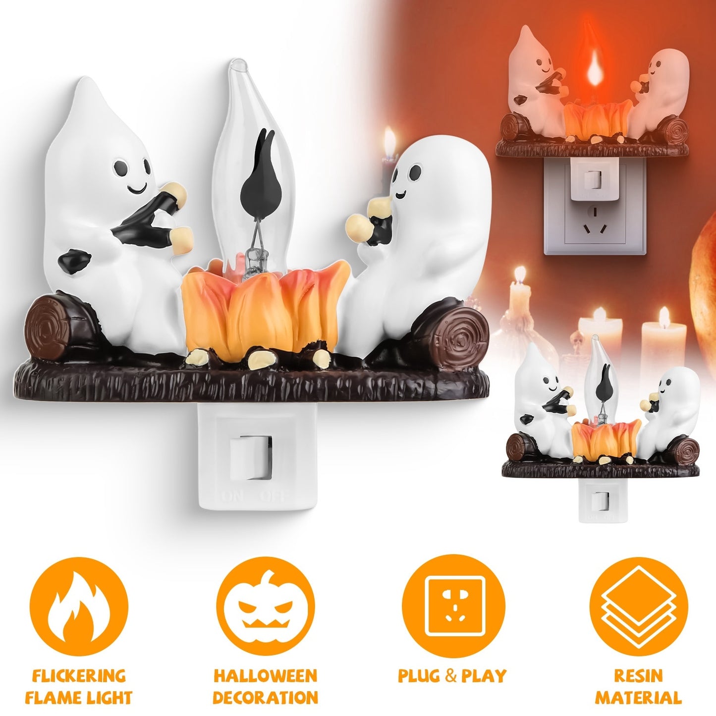 2Pcs Ghost Campfire Flickering Flame Night Light, Funny Halloween Bedroom Nightlight & Holiday Decoration Gift