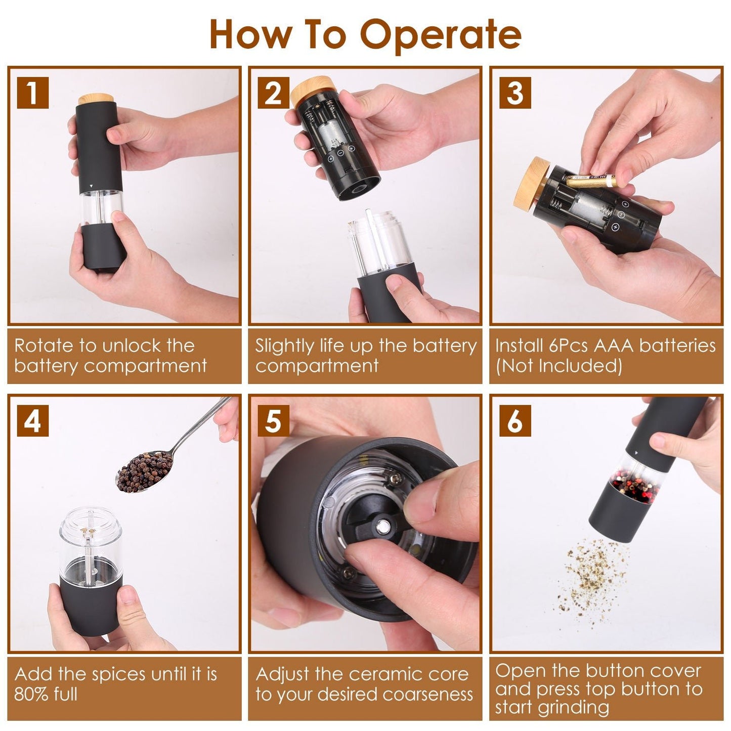 Electric Salt and Pepper Grinder Set with Adjustable Coarseness - One Hand Operation - DonoHome