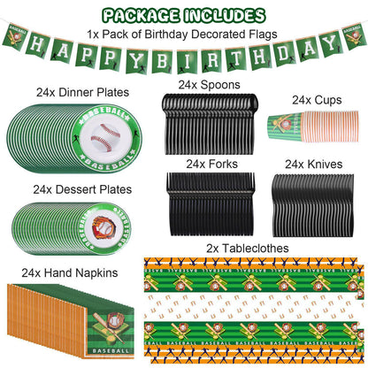 171-Piece Baseball Birthday Party Supply Kit – Disposable Plates, Cups, Cutlery, Napkins, Tablecloths (Up to 24 Guests)