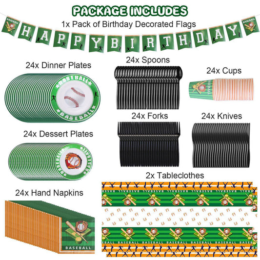171-Piece Baseball Birthday Party Supply Kit – Disposable Plates, Cups, Cutlery, Napkins, Tablecloths (Up to 24 Guests)