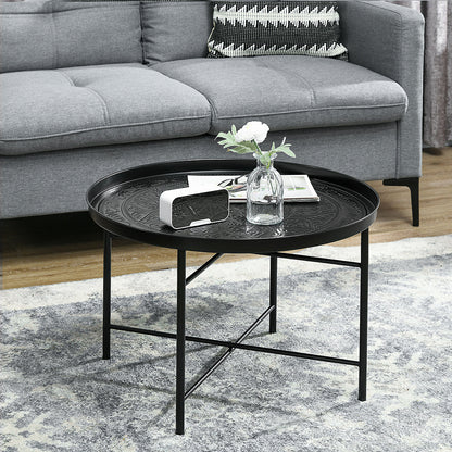 24" Round Hammered Metal Coffee Table with Tray Top – Black