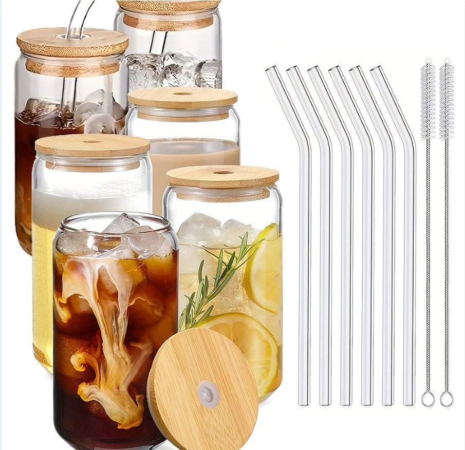Glass Cup Set with Bamboo Lids & Straws – Clear Drinking Glasses for Coffee, Tea, Juice, Beer