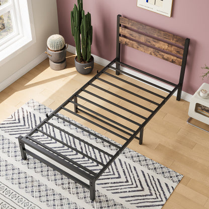Twin Platform Bed Frame w/ Rustic Wood Headboard & Metal Slats (No Box Spring Needed, Rustic Brown)