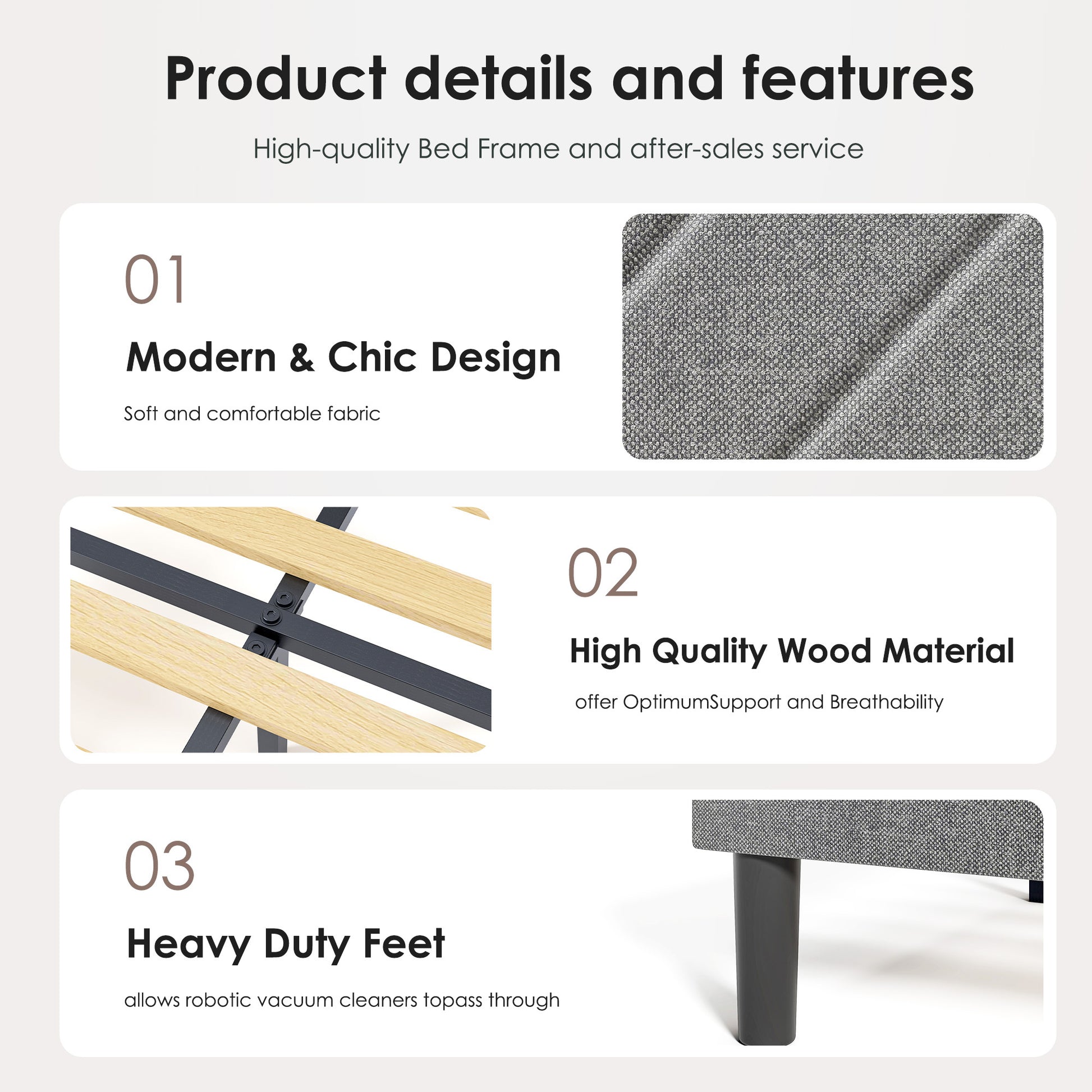 Grey Upholstered Platform Bed - Easy Assembly, No Box Spring Required - DonoHome