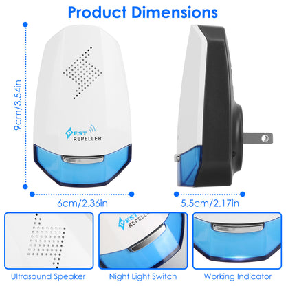 2 Pack Ultrasonic Pest Repeller With Night Light Plug In Pest Mice Repellent Indoor Roach Bed Bug Mouse Rodent Mosquito Killer For Bedroom Garage Warehouse Office