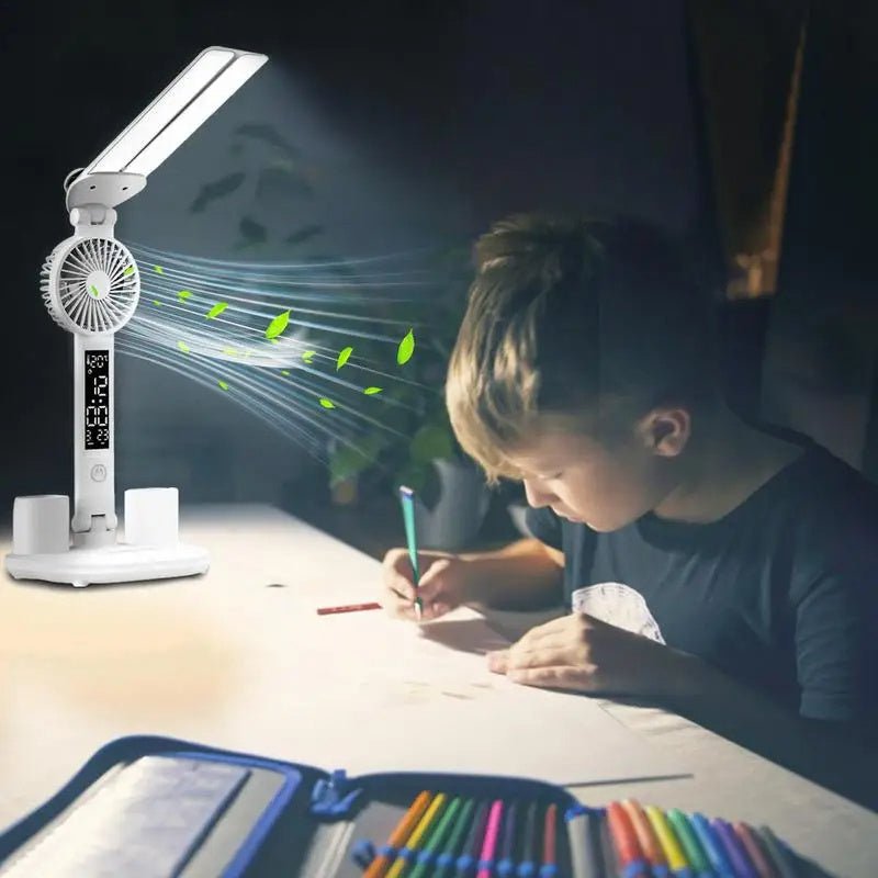 Multifunction LED Desk Lamp, Foldable with Fan, Clock, & Pen Holder