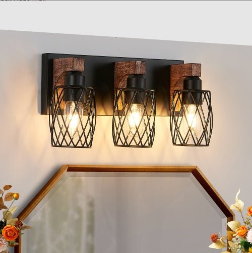 Industrial Vintage 3-Light Wall Sconce with Black Cage Design & Wooden Accents for Bathroom, Hallway or Living Room (Bulb Not Included)