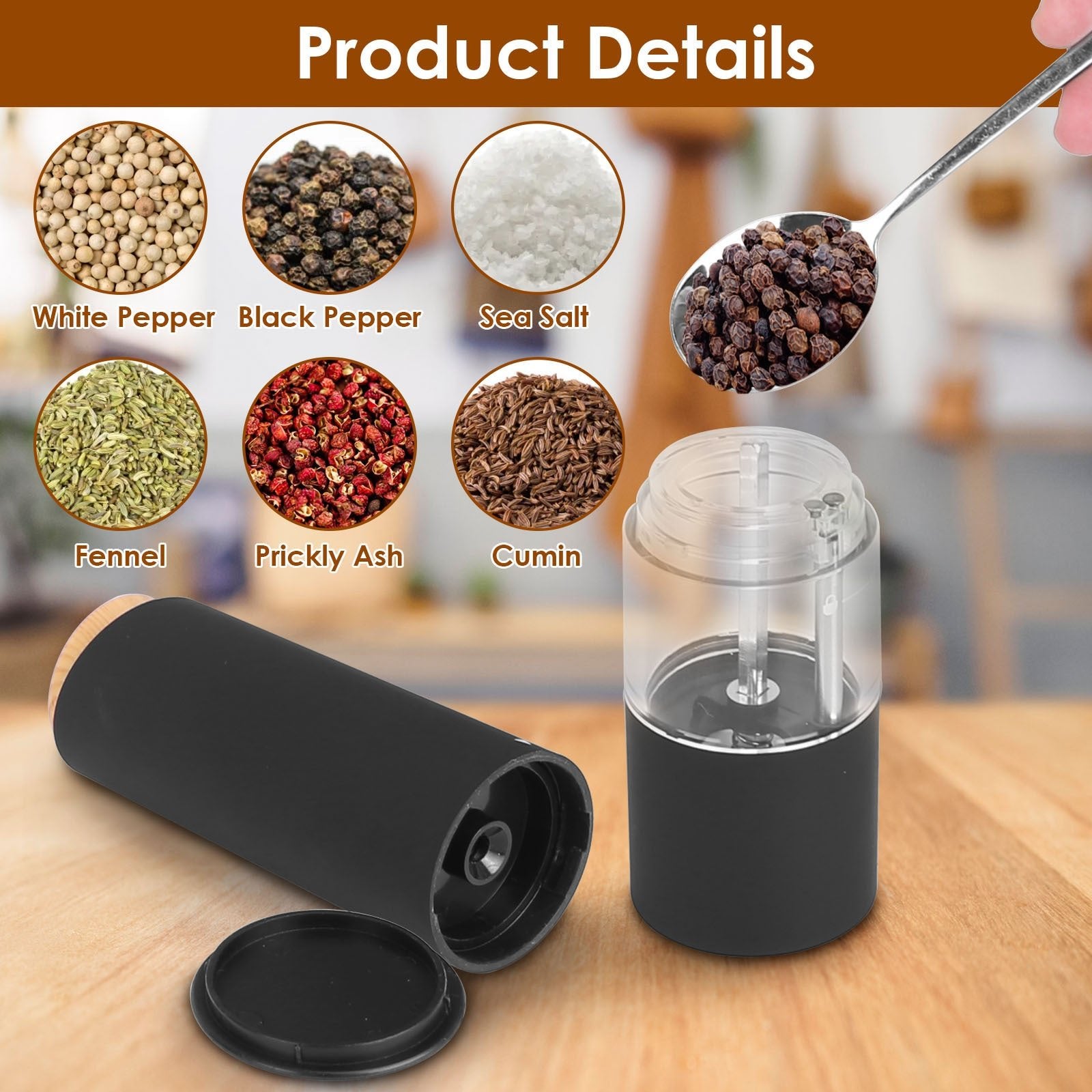 Electric Salt and Pepper Grinder Set with Adjustable Coarseness - One Hand Operation - DonoHome