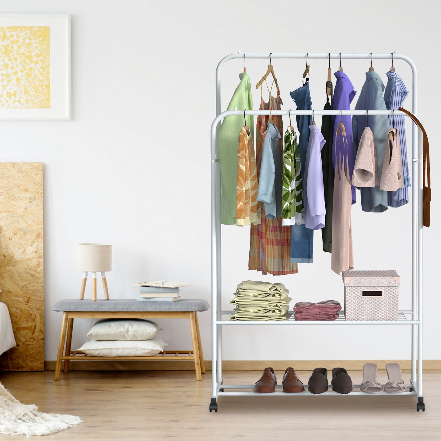 Rolling Garment Hanging Rack – Clothes Organizer with Double Rail, Bottom Shelf & Lockable Wheels