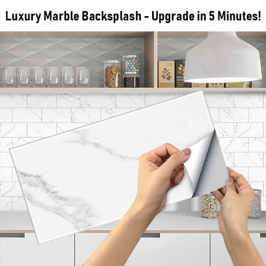 White Marble Look Peel & Stick Wall Tile Stickers – Waterproof PVC Composite for Kitchen & Bathroom