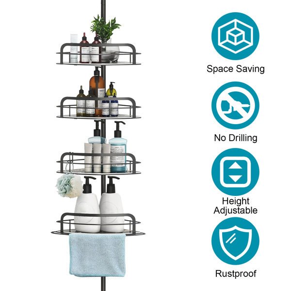 Corner Shower Caddy Tension Pole – 4-Tier Adjustable Rust-Free Bathroom Organizer Shelf