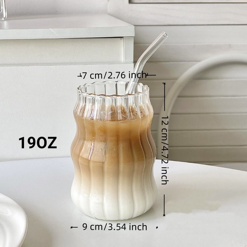 6 Pcs 19oz Glass Coffee Cup Set with Straws, Striped Cloud Design, for Milk Juice Tea Cold Drinks