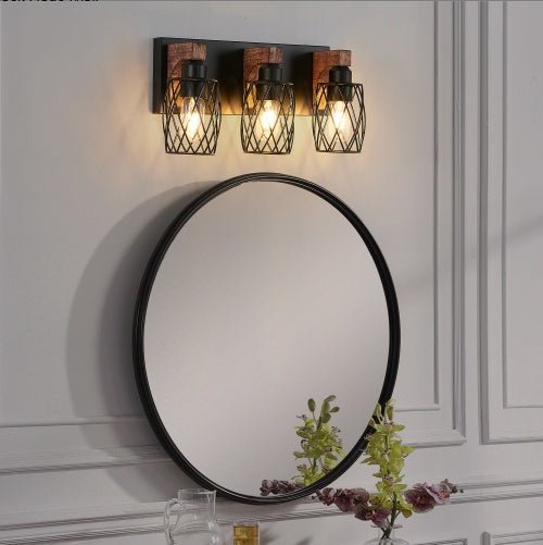 Industrial Vintage 3-Light Wall Sconce with Black Cage Design & Wooden Accents for Bathroom, Hallway or Living Room (Bulb Not Included)
