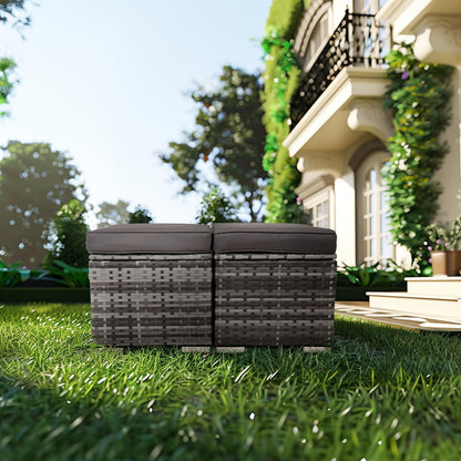 Set of 2 Outdoor Wicker Storage Ottomans with Removable Cushions – Patio Footrest / Side Table